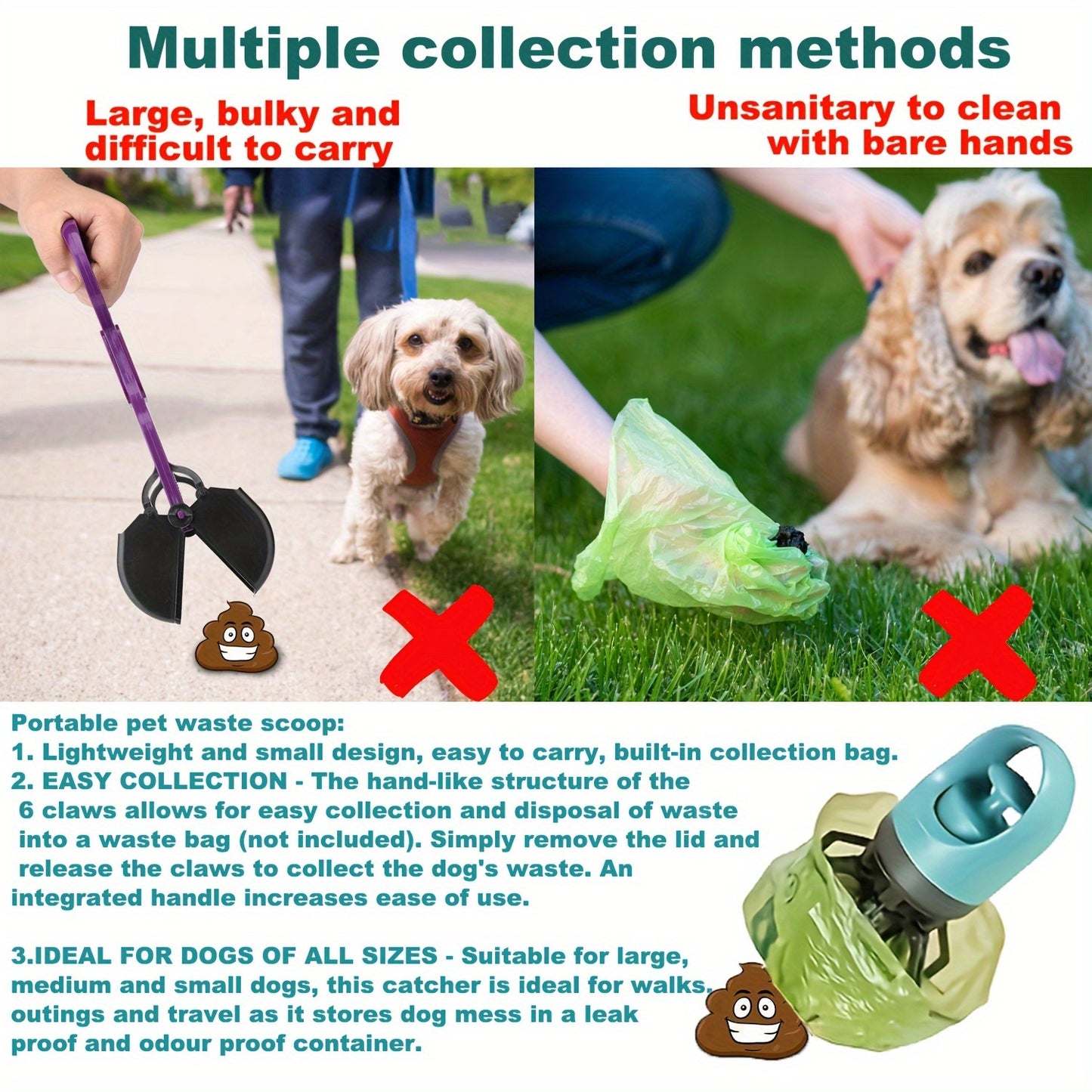 Mings Portable Pooper Scooper with Bag Attachment & Dispenser – Lightweight Claw Poop Picker – Ideal for Small & Large Dogs – No-Touch, Hands-Free Waste Removal