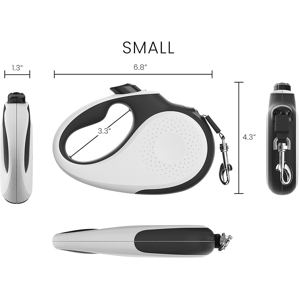 Mings Tiny 360° Tangle-Free Retractable Dog Leash with Anti-Slip Handle | 10 ft Nylon Tape| One-Handed Brake, Pause, Lock (White)