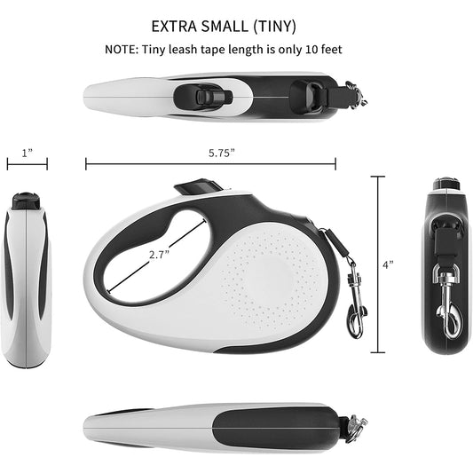 Mings Tiny 360° Tangle-Free Retractable Dog Leash with Anti-Slip Handle | 10 ft Nylon Tape| One-Handed Brake, Pause, Lock (White)