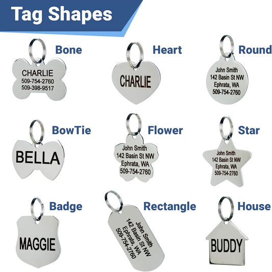 Stainless Steel Pet ID Tags, Personalized Dog Tags and Cat Tags, up to 8 Lines of Custom Text, Engraved on Both Sides, in Bone, Round, Heart, Bowtie and More (Dog Bone, Regular (Pack of 1))